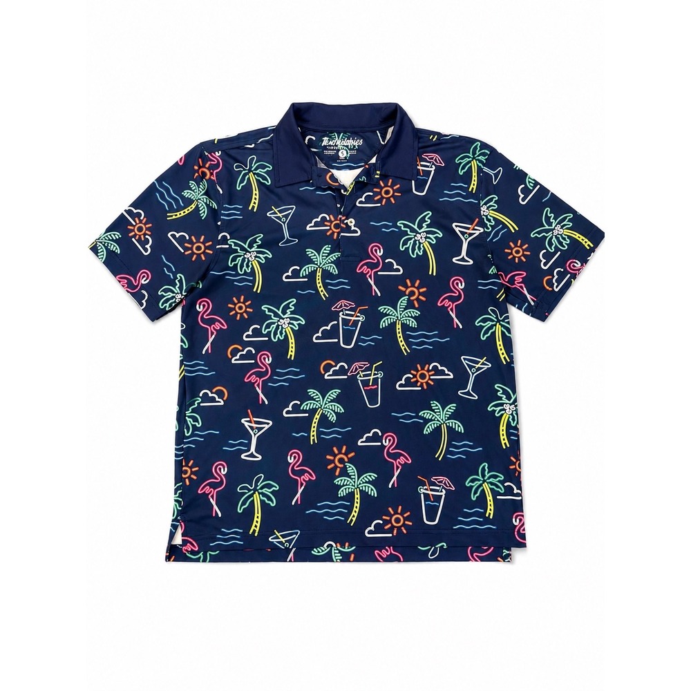 Chubbies Neon Nights Tropical Performance Polo Shirt Flamingo Navy Men's Small